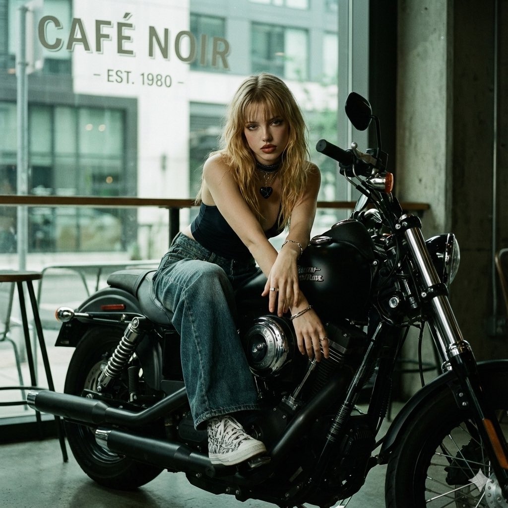 Example image 1 for , attire :, pose :, motorcycle :, environment :,...