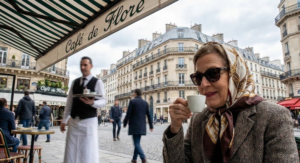 Example image 1 for Parisian Cafe Terrace A digital photograph captures an...