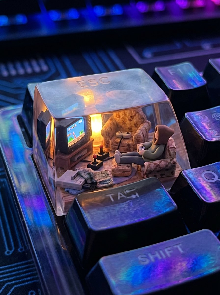 Example image 1 for A photorealistic ESC keycap scene shows a miniature cozy...
