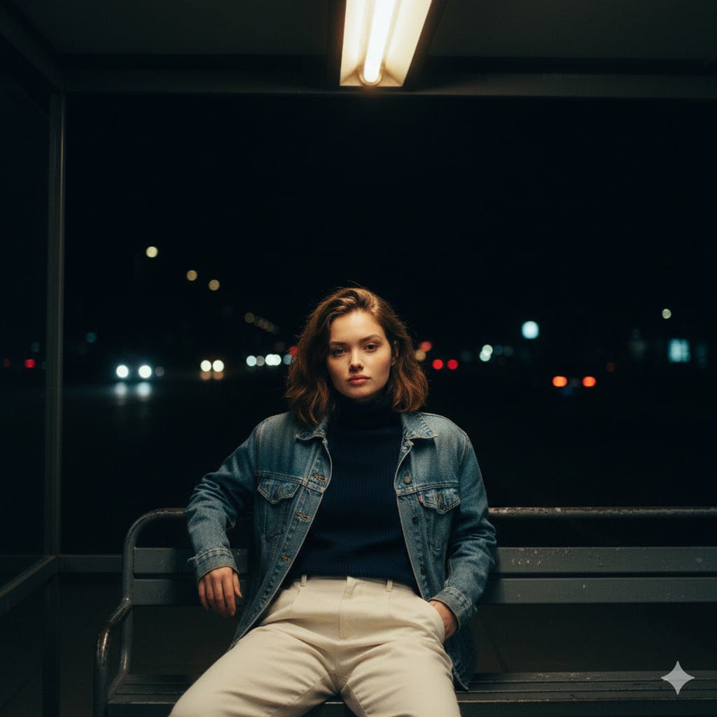 Example image 1 for “A young woman with a contemplative expression, seated...