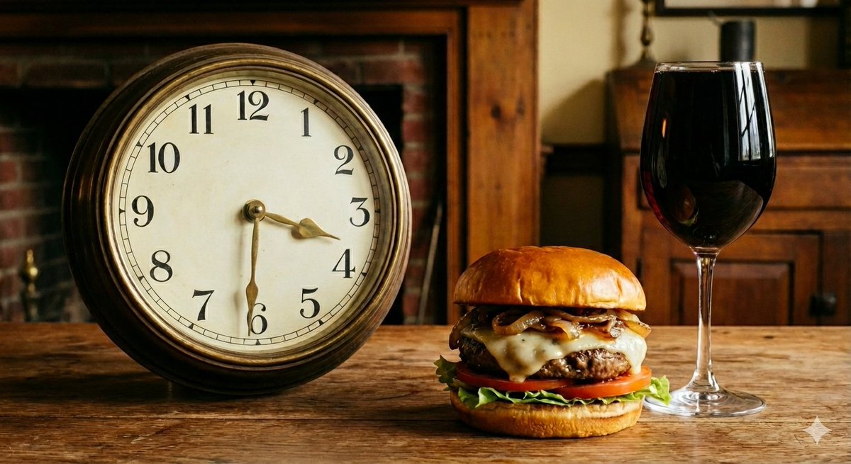 Example image 1 for Create an image of an analog clock reading 15:32 , a burger...